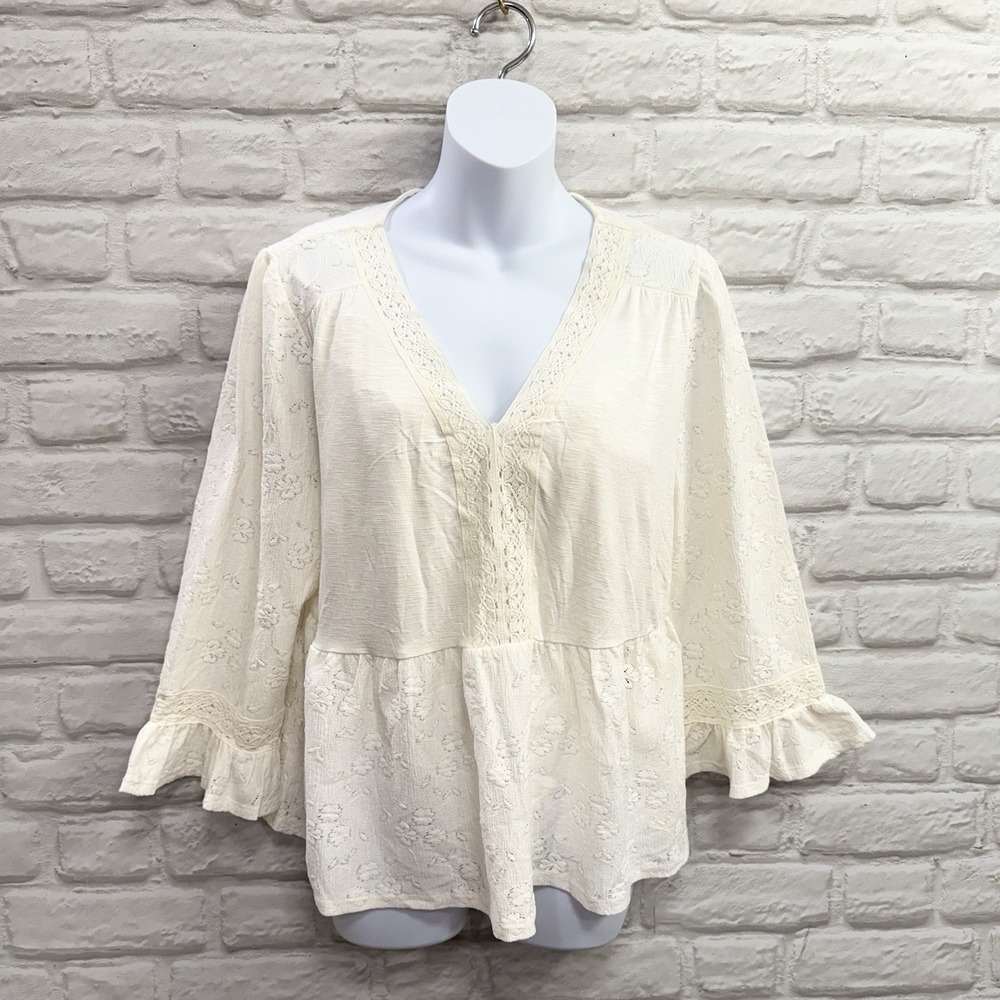 FRYE and CO. Boho Crochet Blouse Womans L Ruffled Lace Prairiecore Ivory Peasant